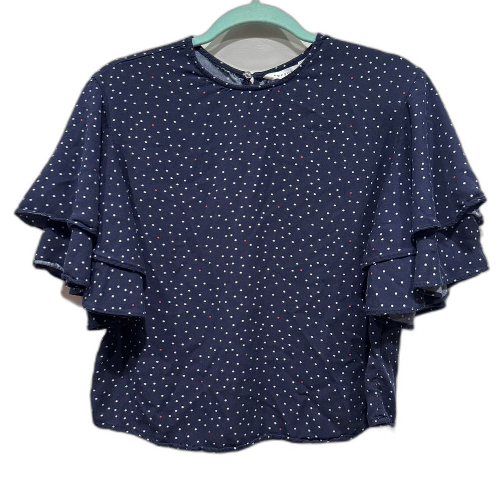 Popsugar Top Polka Dot Navy Blouse Shirt Ruffle Short Sleeves Women sz Small